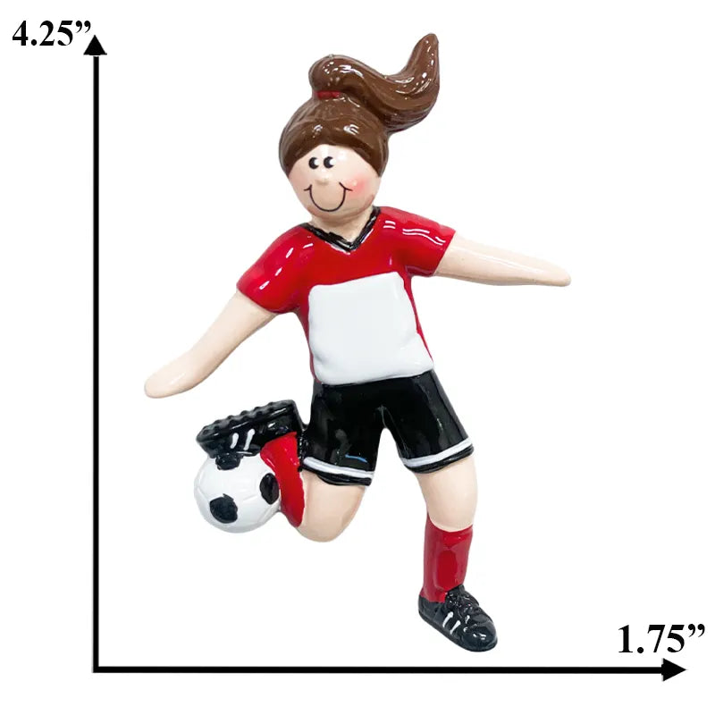 Personalized girl soccer player ornament, perfect for sports-loving kids. Customize with unique details for a special gift.