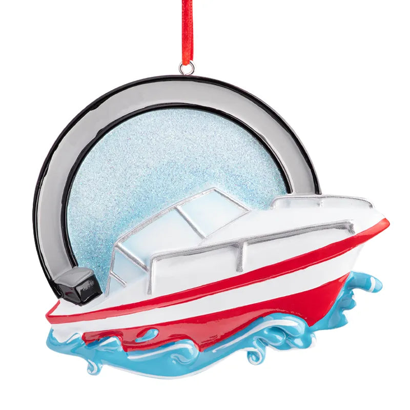 Customize your decoration with a personalized speed boat ornament, perfect for water sports enthusiasts.