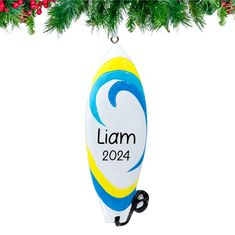 Personalized surfboard Christmas ornament with vibrant design, customizable with a name or message. Perfect for surfers and beach lovers during the holiday season.