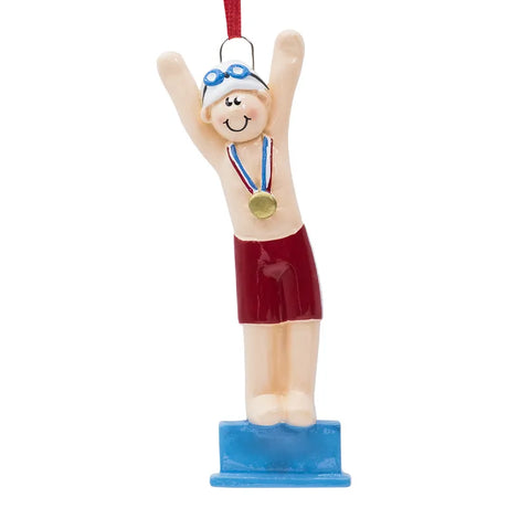 Personalized Christmas ornament featuring a swimmer boy, perfect for celebrating the festive season with a custom touch for young swimmers.