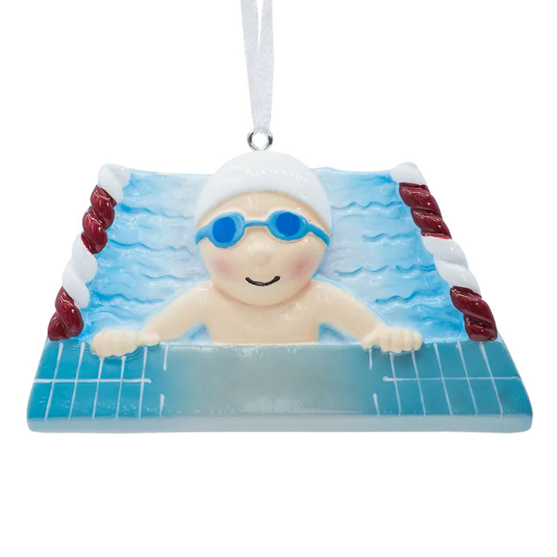 Personalize your holiday decor with a swimming boy Christmas ornament, ideal for water sports enthusiasts.