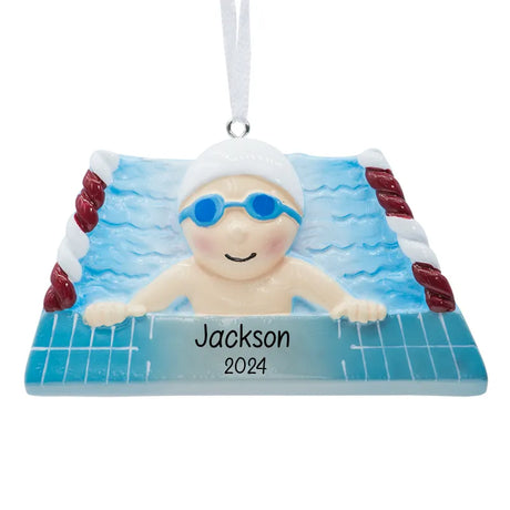 Add a personal touch to your decor with a personalized swimming boy ornament, ideal for water sports enthusiasts.