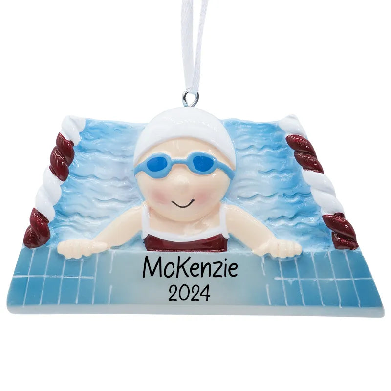 Personalize your holiday with a swimming girl Christmas ornament, perfect for water sports enthusiasts.