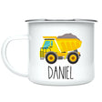 Personalized toddler dump truck hot chocolate mug, a delightful gift for cozy sipping and fun.