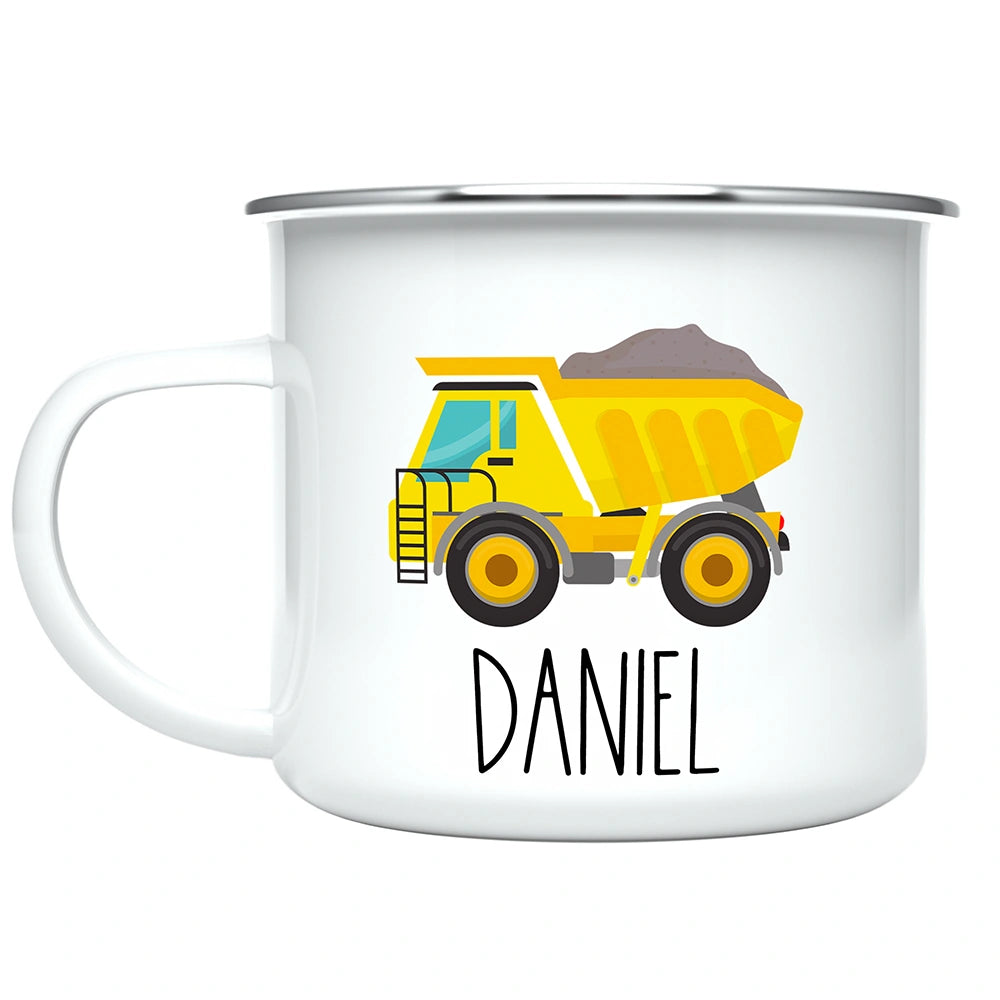 Personalized toddler dump truck hot chocolate mug, a delightful gift for cozy sipping and fun.