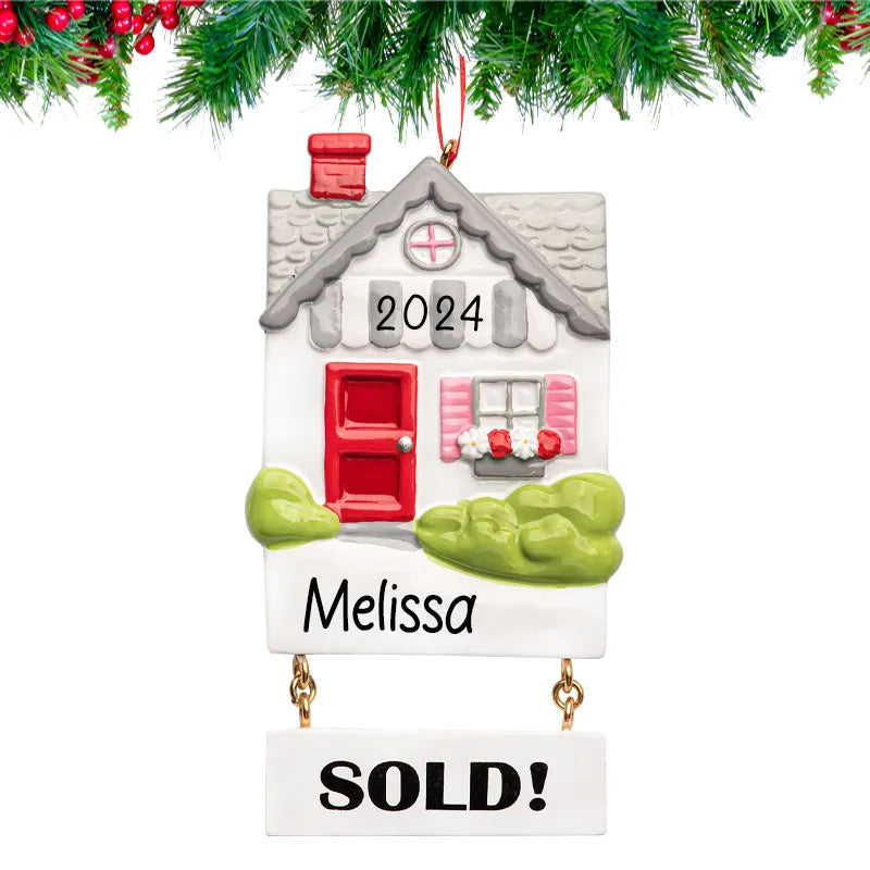 Real estate Christmas ornament personalized with custom name and details, ideal for celebrating new homeownership and real estate achievements during the holidays.