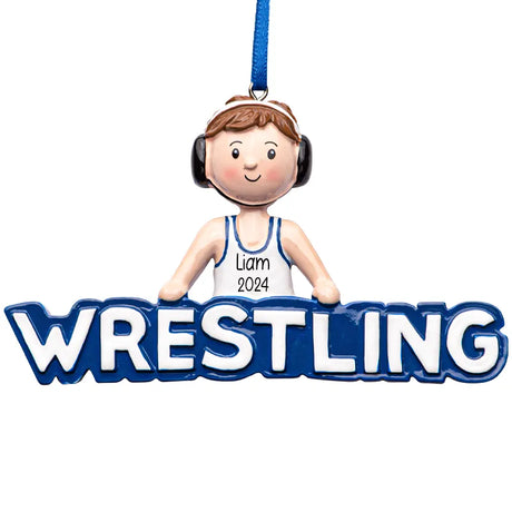 Custom Christmas ornament featuring a personalized design for wrestler boys, ideal for celebrating young athletes and their love for wrestling during the holiday season.